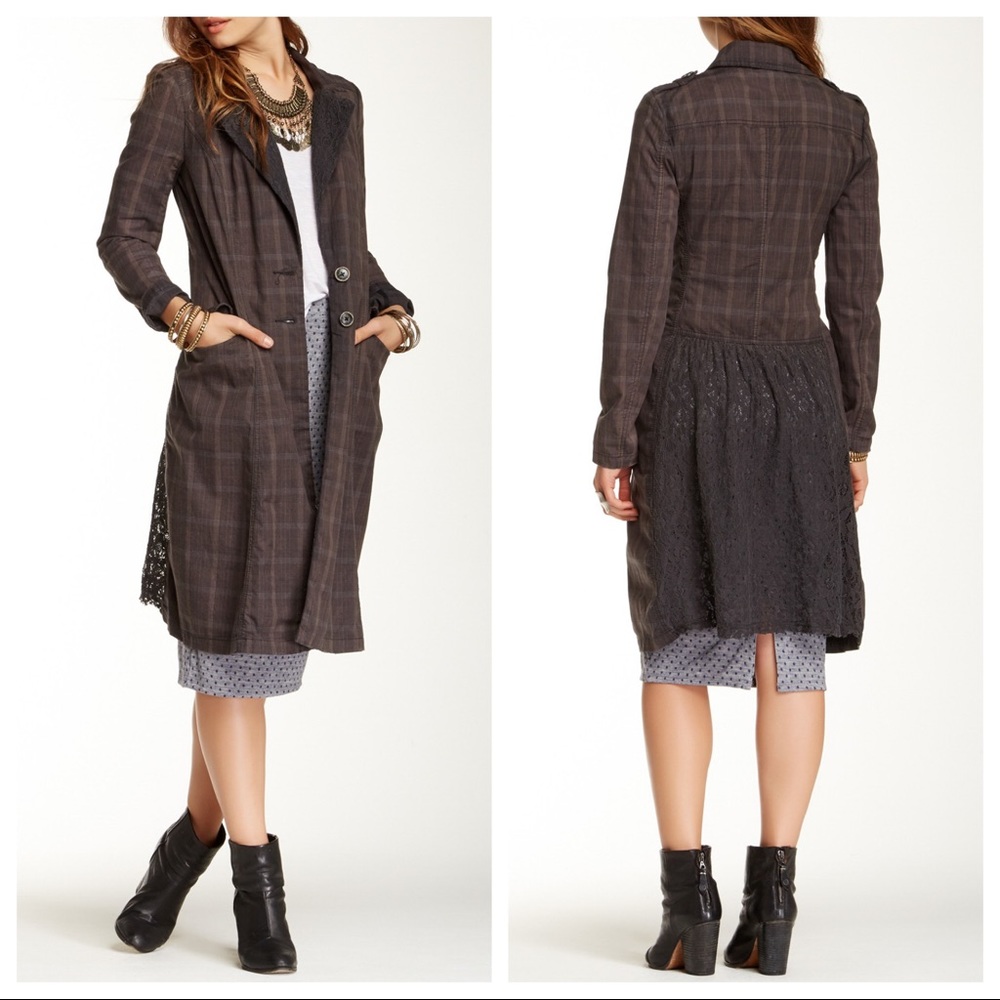Free People Dark Gray Plaid Denim & Lace Duster